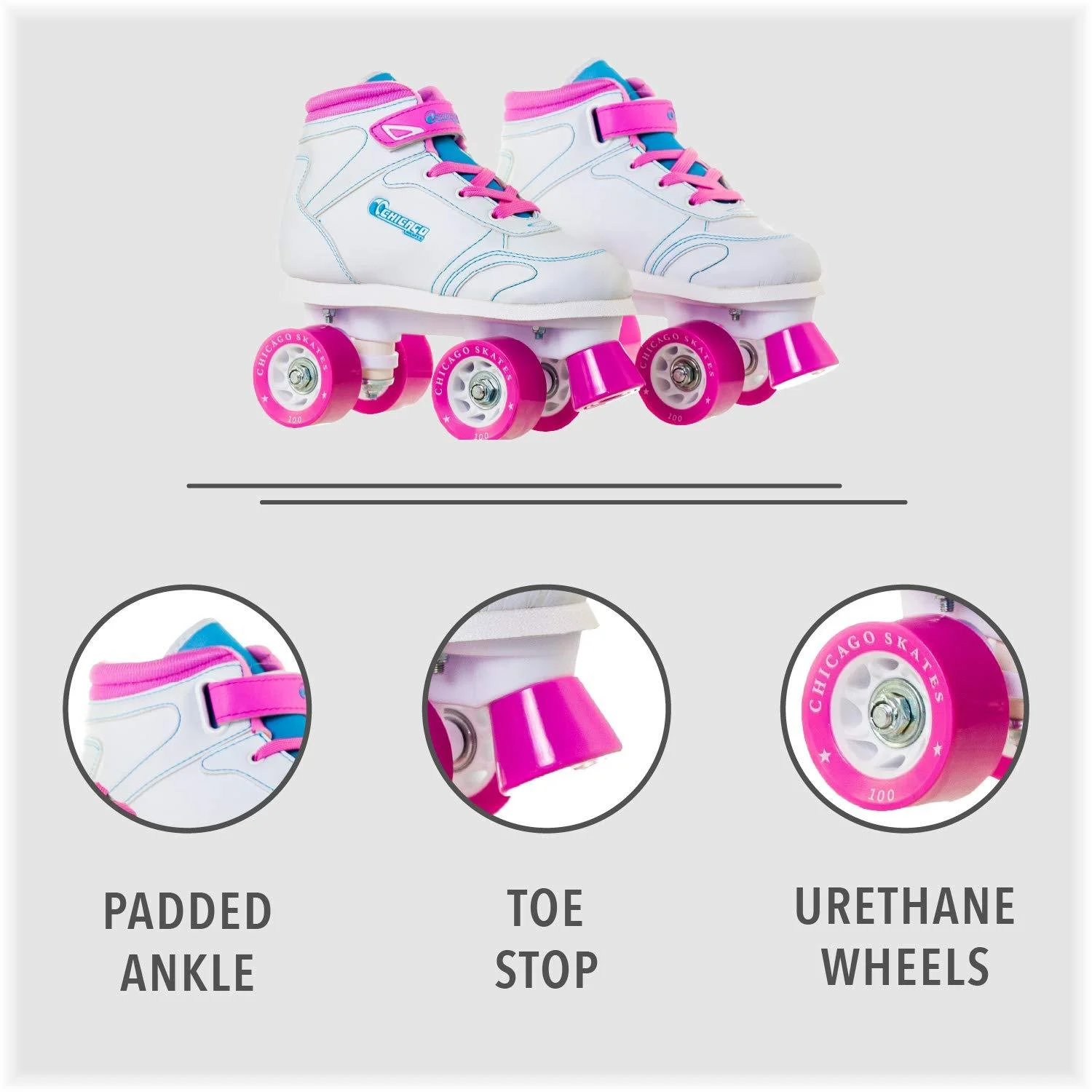 Chicago Girls' Quad Roller Skates White/Pink/Teal Sidewalk Skates, Size 5