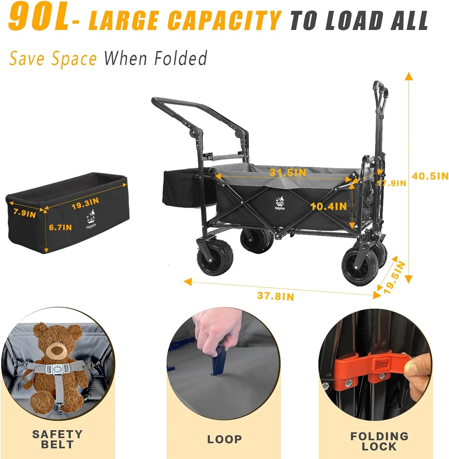 Collapsible Heavy Duty Beach Wagon Cart All Terrain Beach Wheels Large Capacity Outdoor Folding Utility Camping Garden Cart Brake for Beach Camping Shopping (black＆gray）