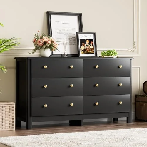 CKPFVY White Dresser  Modern 6 Drawer Double Dresser for Bedroom Adults &  with Black Pulls  Wide Dressers & Chests of Drawers  6 Drawer Dressers