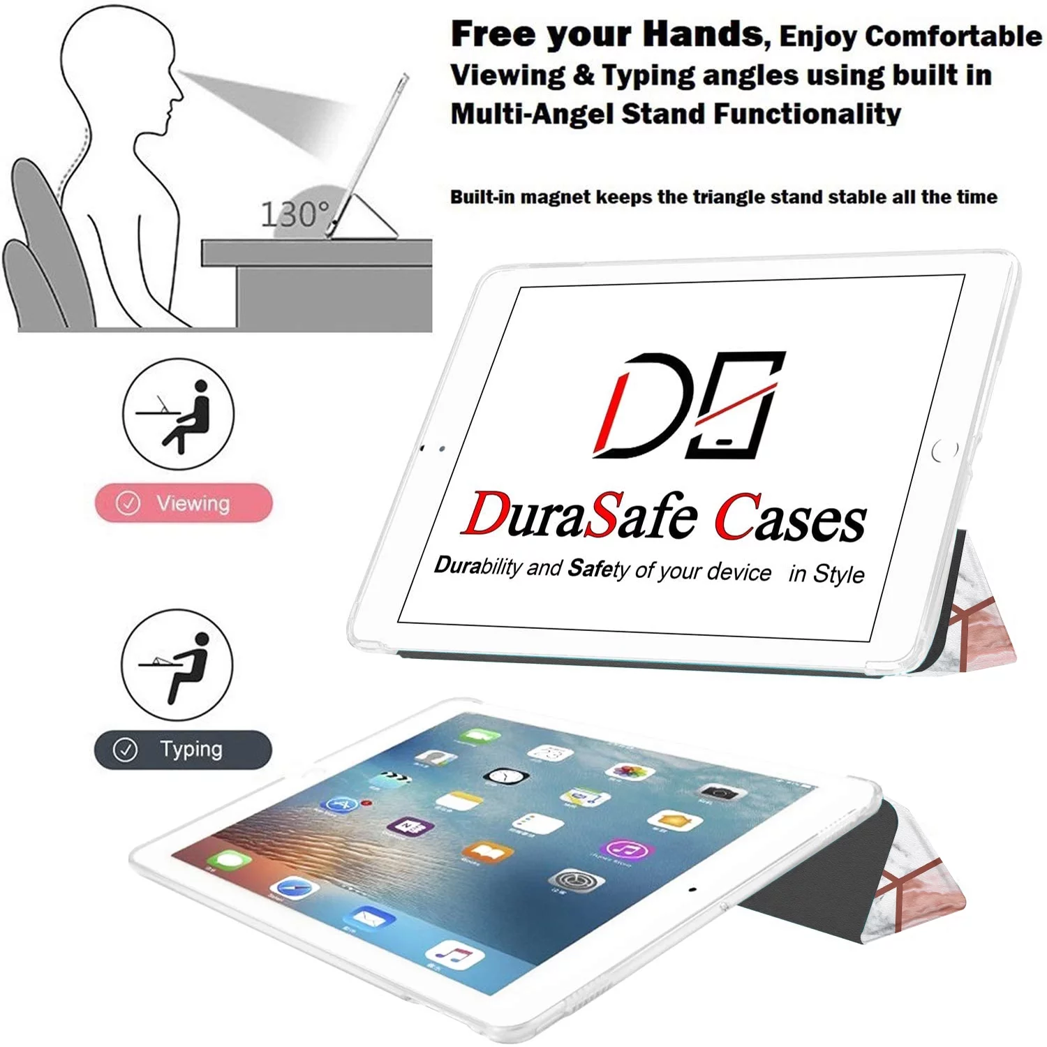 DuraSafe Cases iPad 9.7 5th 6th Gen Air 1st 2nd Gen [iPad 5 6 Air 1 2] MRJN2LL/A MR7G2LL/A MP2F2LL/A MP2G2LL/A MD785LL/A MD788LL/A MGLW2LL/A MGL12LL/A Printed Sleek design Flip Case - Marble Pink