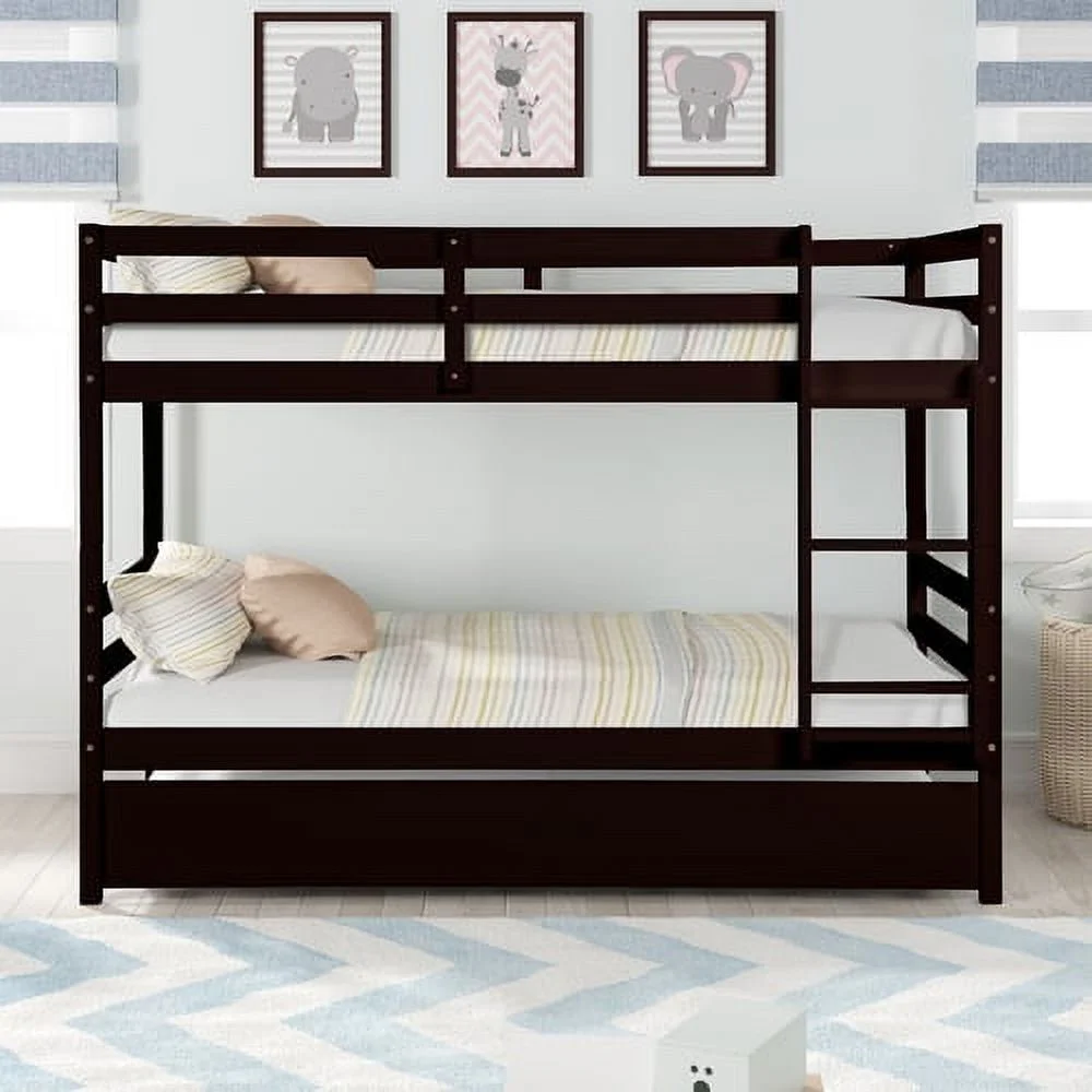 Twin over Twin Bunk Bed with Trundle, Triple Bunk Bed Frame Twin Size with Safety Rail, Can Converted into 2 Beds,Espresso