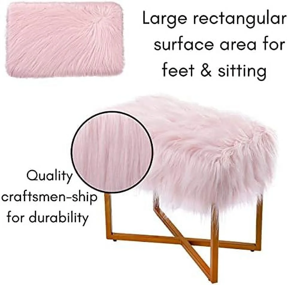 CGFHYP Rectangular White Faux Fur Foot Stool Ottoman with Gold Legs - Vanity Chair - Soft Compact Padded Seat - Bedroom and  Room Chair - Metal - Fluffy  Seat