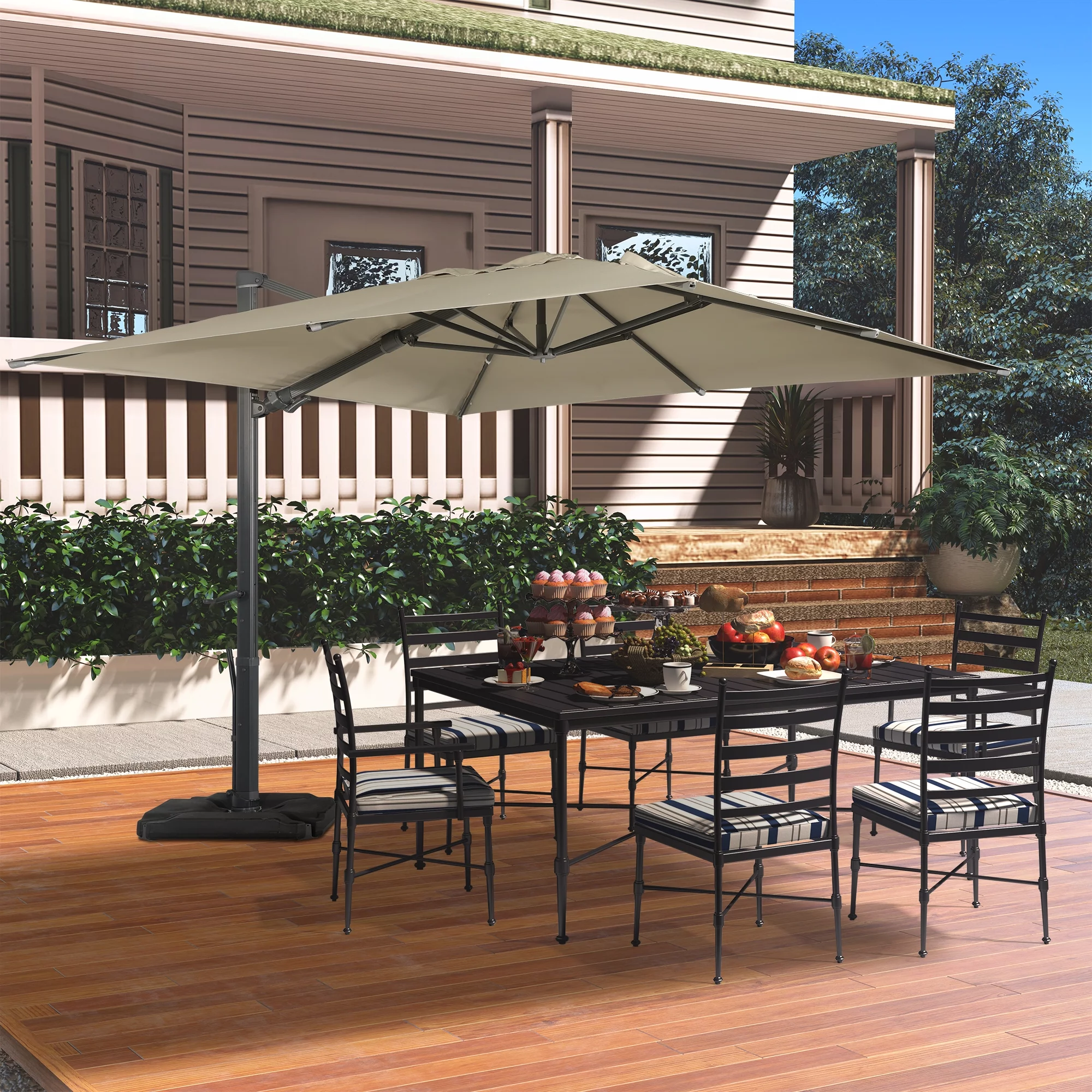 Mondawe 10x10 FT Square Cantilever Umbrella with Base Included - 360° Rotation Offset Patio Umbrella Large Heavy Duty Outdoor Umbrella with Easy Tilt for Pool Backyard Deck Garden, Tan