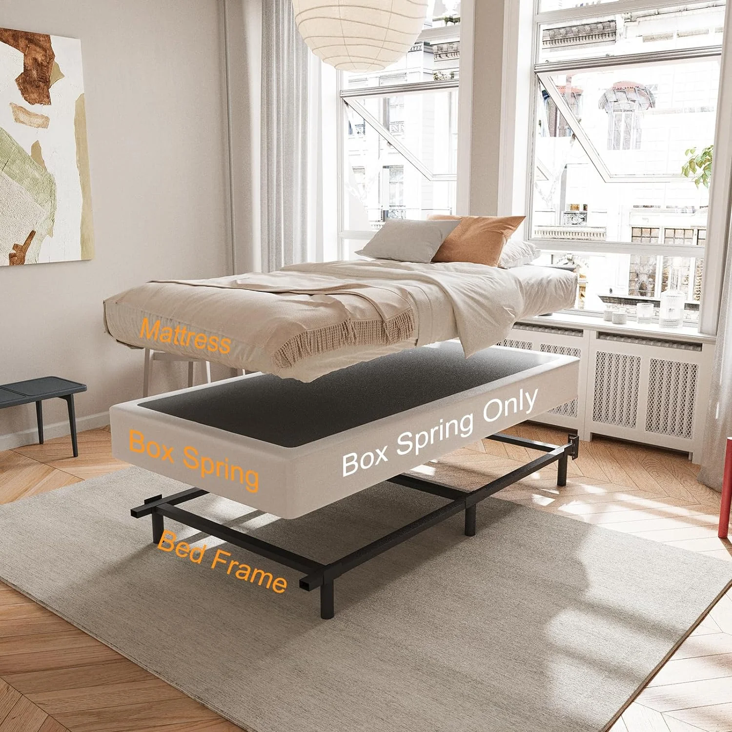 HYUN Twin Box Spring，5 Inch Low Profile Metal Boxspring with Non-Slip Fabric Bed Cover, Sturdy Heavy Duty Steel Structure Bed Base, Noise-Free Mattress Foundation, Easy Assembly，Black