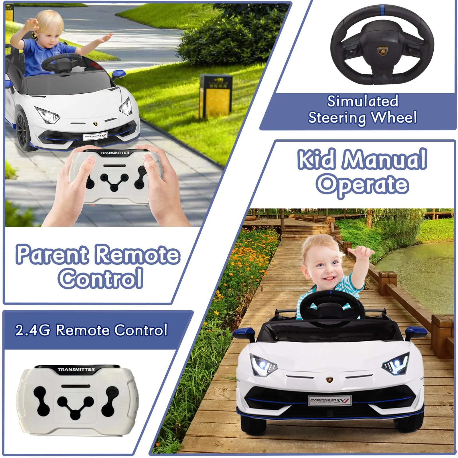 YUFU Kids Electric Ride On 12V 7AH Licensed Lamborghini Aventador Sports Car Toy with 3 Speeds Parent Remote Control, Sound System, LED Headlights & Hydraulic Doors - White