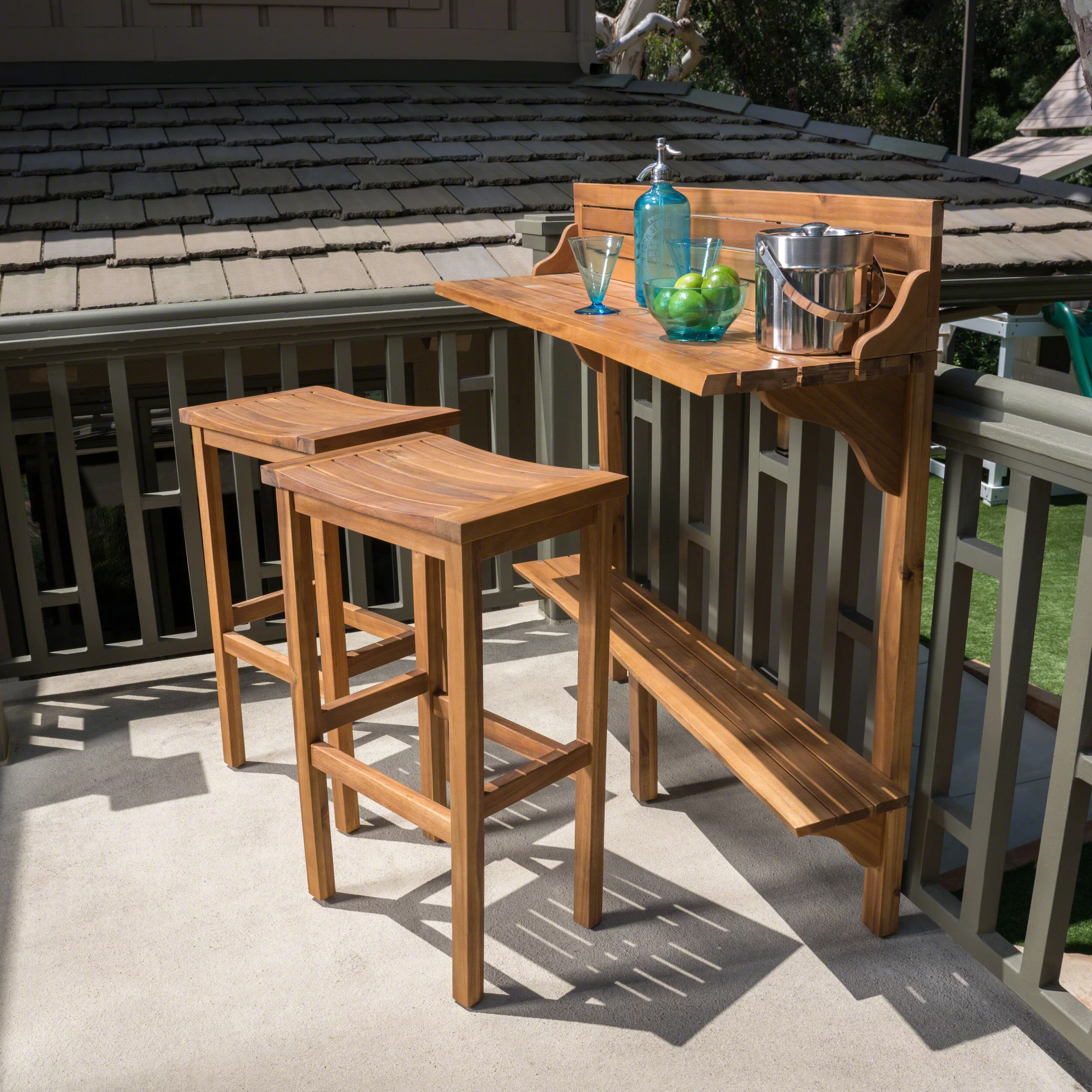 GDF Studio Pensacola Outdoor Acacia Wood 3 Piece Balcony Bar Set, Natural