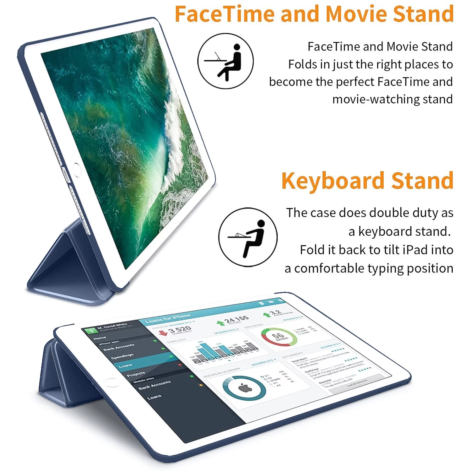 iPad Air 1st 2nd 9.7 5th 6th Inch [ Air 1 2 iPad 5 6 ] A1893 A1822 A1566 A1893 A1822 A1566 MD785LL/A MD788LL/A MD786LL/A MD789LL/A MD787LL/A with Soft Silicone Back and Flip Stand Cover - Navy Blue