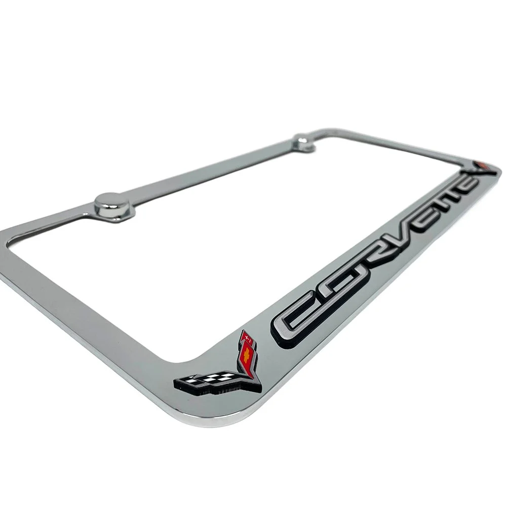 C7 Corvette License Plate Frame - Chrome with C7 Crossed Flags Logo