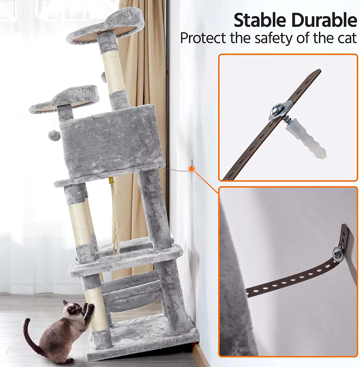 Multi-Level Cat Tree Cat Tower, 59''H Activity Center Tower Stand Furniture with Scratching Posts, Plush Perch & Hammock