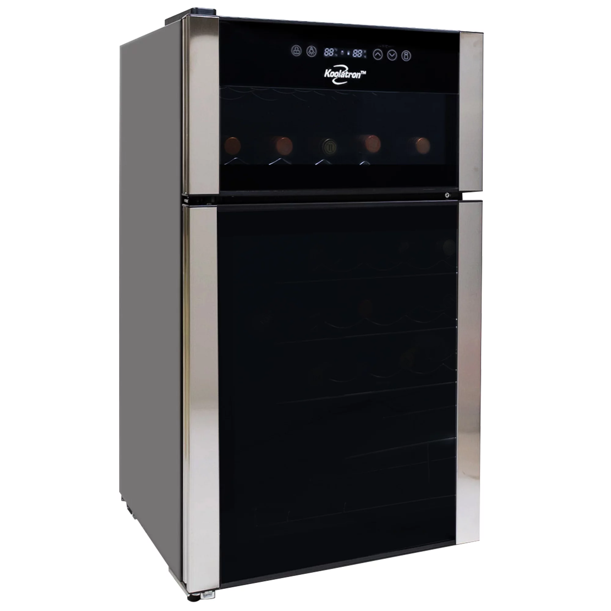 Koolatron 29 Bottle Dual Zone Wine Cooler Freestanding Wine Refrigerator, Black