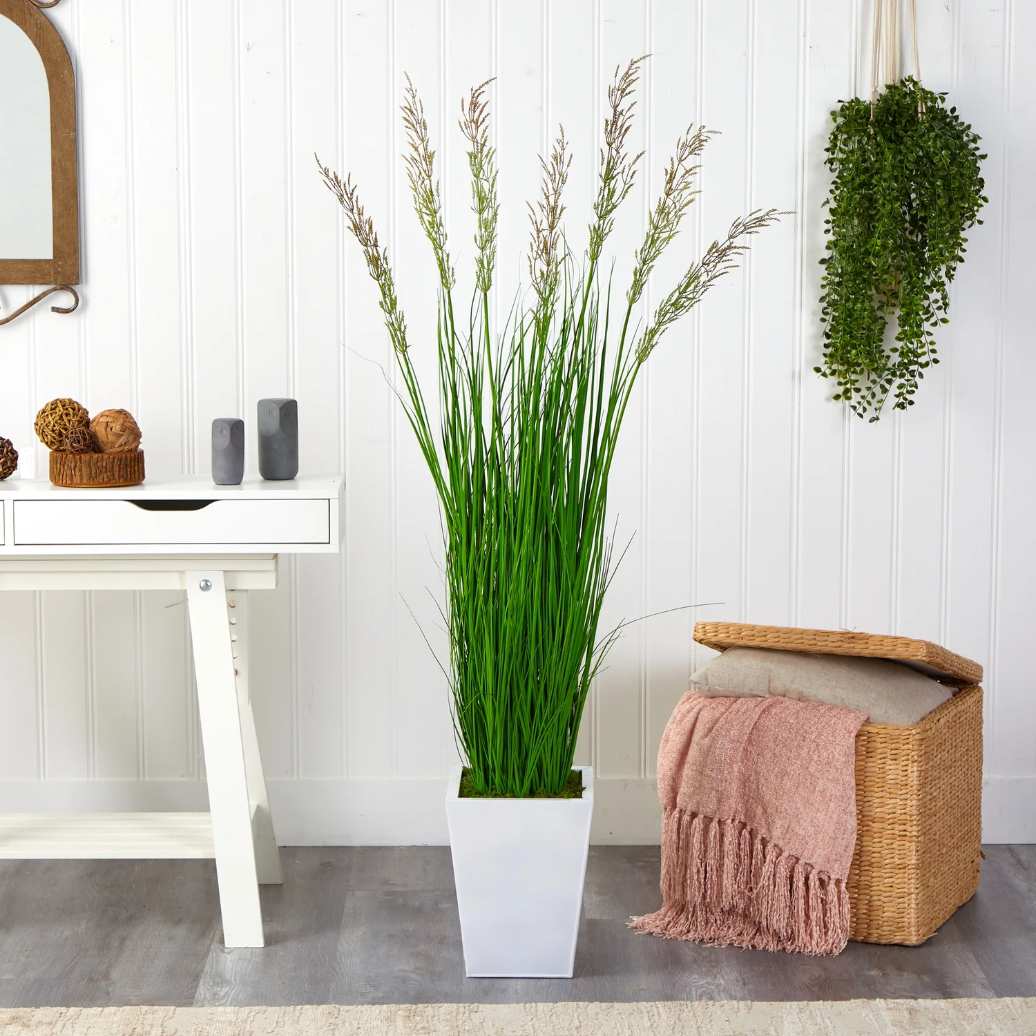 HomeStock Eclectic Exclusivity 64In. Wheat Grass Artificial Plant In White Metal Planter