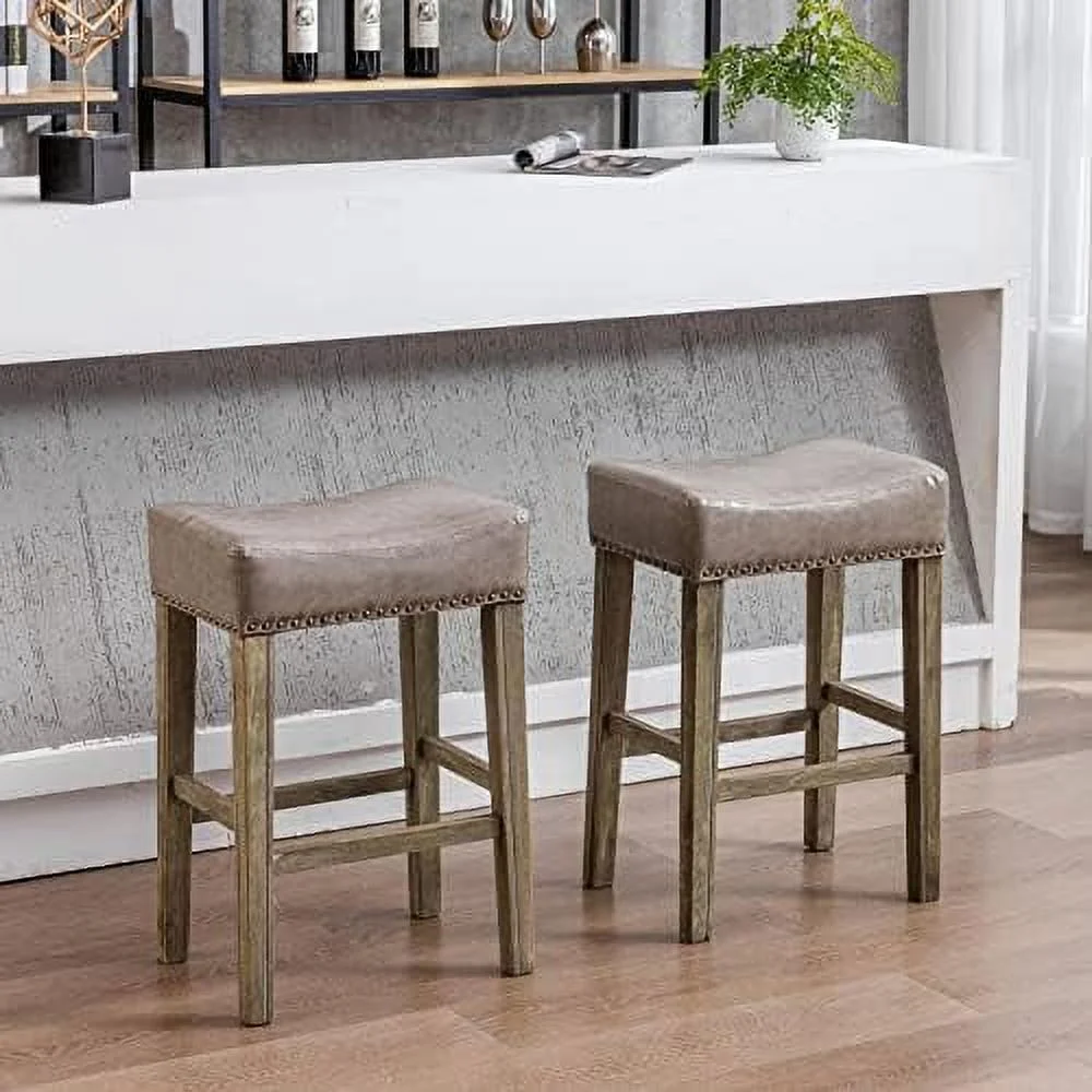 HBBOOMLIFE Stools Set of 2  26" Faux PU Leather Upholstered Counter Height Backless Saddle Stools with Nailhead Trims and Solid Wood Legs Farmhouse Island Chairs for Kitchen Dining Ro