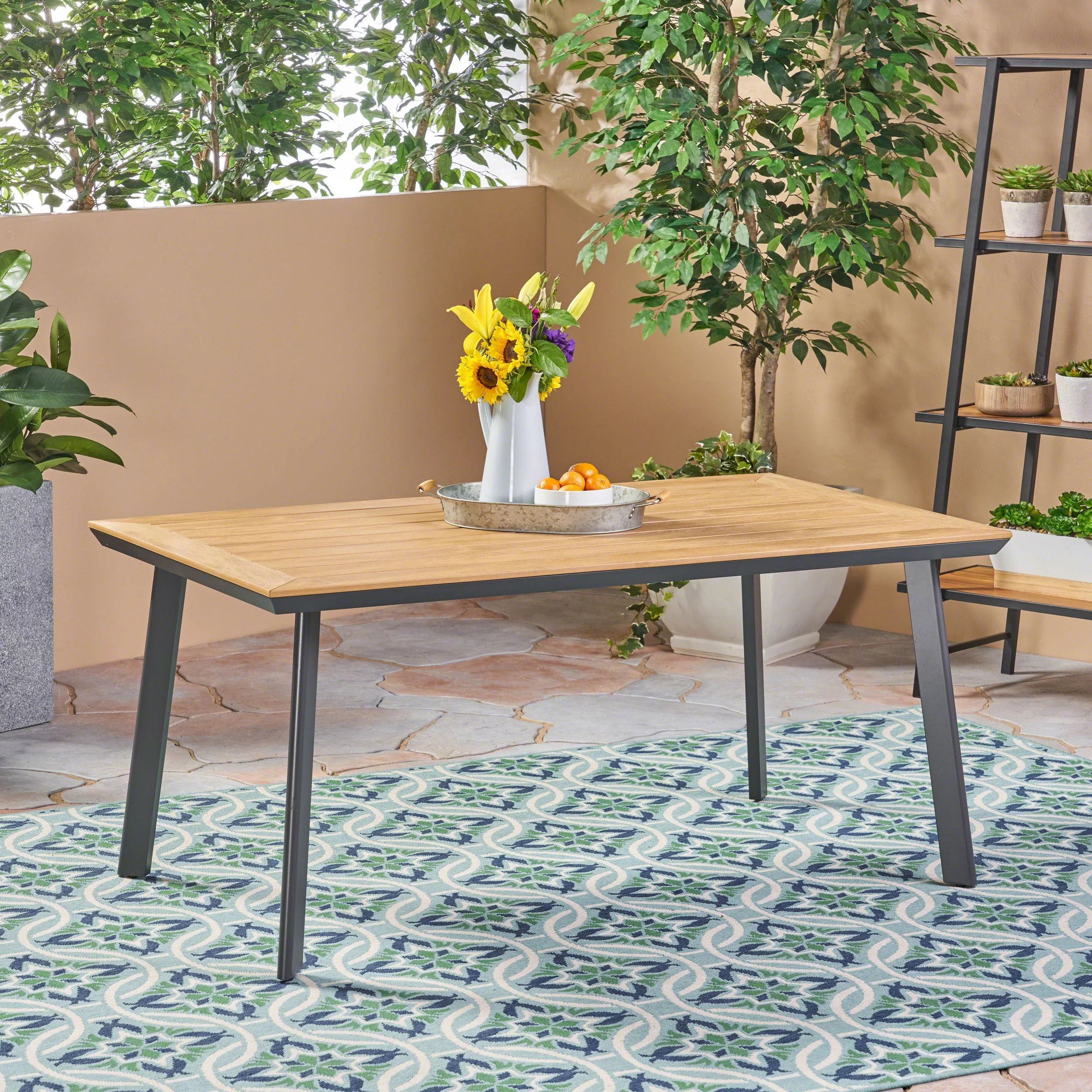 Tabby Outdoor Aluminum and Faux Wood Dining Table, Natural and Gray