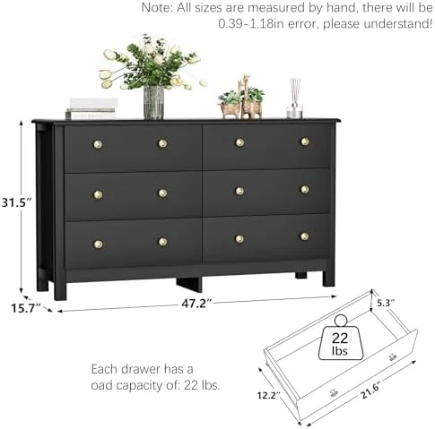 CKPFVY White Dresser  Modern 6 Drawer Double Dresser for Bedroom Adults &  with Black Pulls  Wide Dressers & Chests of Drawers  6 Drawer Dressers