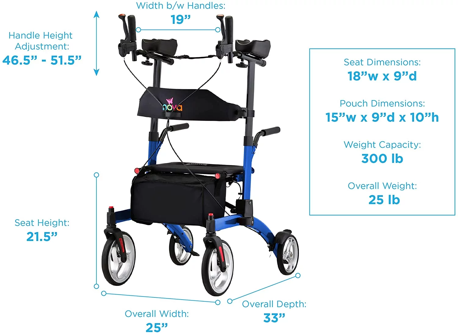 NOVA Medical Dragon Fold n’ Go Rise UP Rollator, Upright Rolling Walker Blue