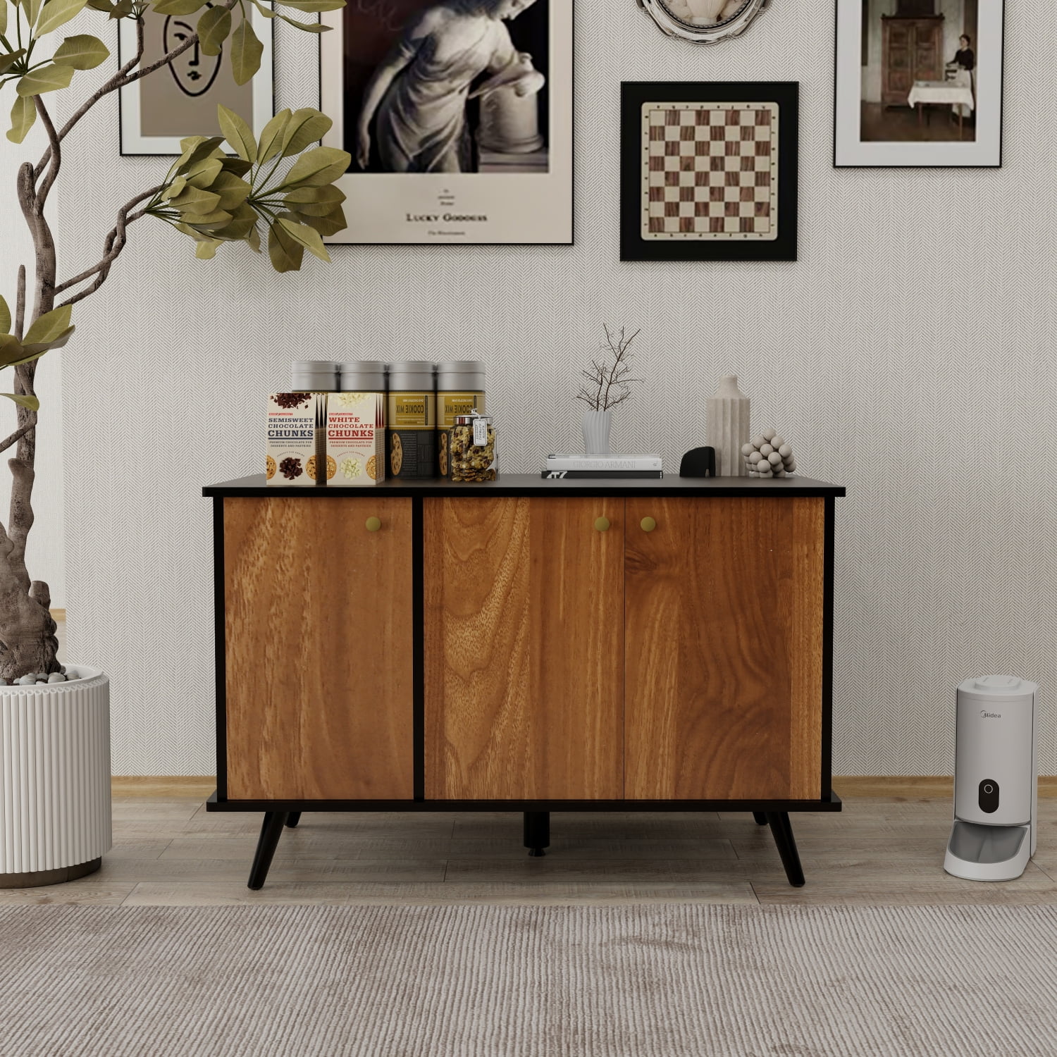 Modern Large Black and Walnut Wooden Litter Box Enclosure with Hidden Plug and 3 Doors for Indoor Cat Washroom. Stylish Cat Furniture Storage Bench Side Table House.