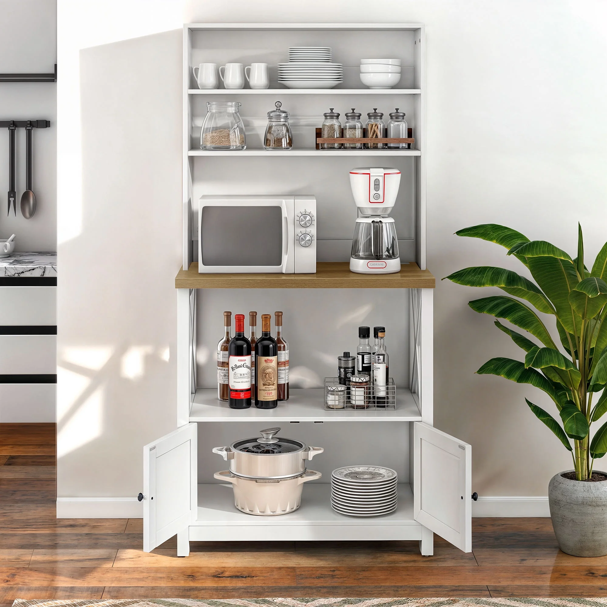 ModFusion 5-Tier Bakers Unit with Cabinet, Coffee and Microwave Stand, Power Outlet, Engineered Wood, White