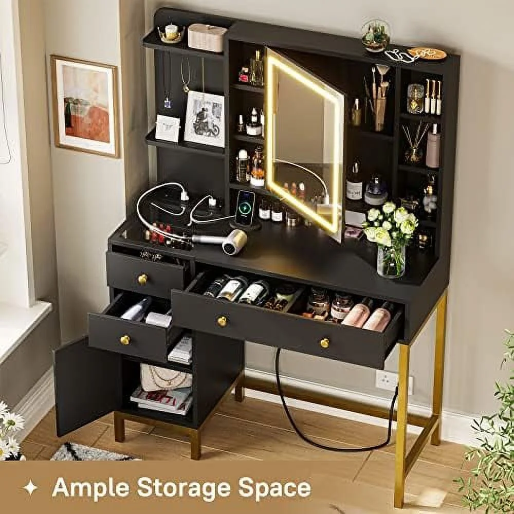 SJOPKMN Vanity with Lights  Vanity Desk with Openable Mirror & 3-Color Dimmable  White Vanity Table with Charging Station   Desk with Visual Drawer  Hooks  Hidden and Open  Shelves