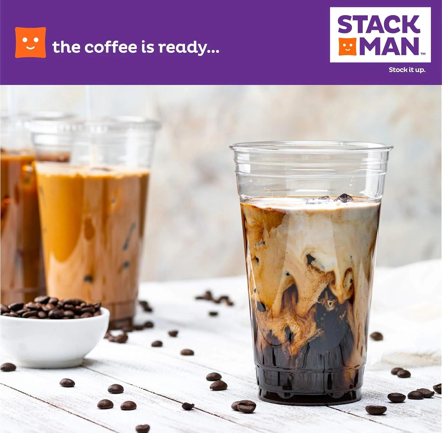 Stack Man [100 Sets - 24 oz.] Clear Plastic Cups with Straw Slot Lid, PET Crystal Clear Disposable 24oz Plastic Cups with lids