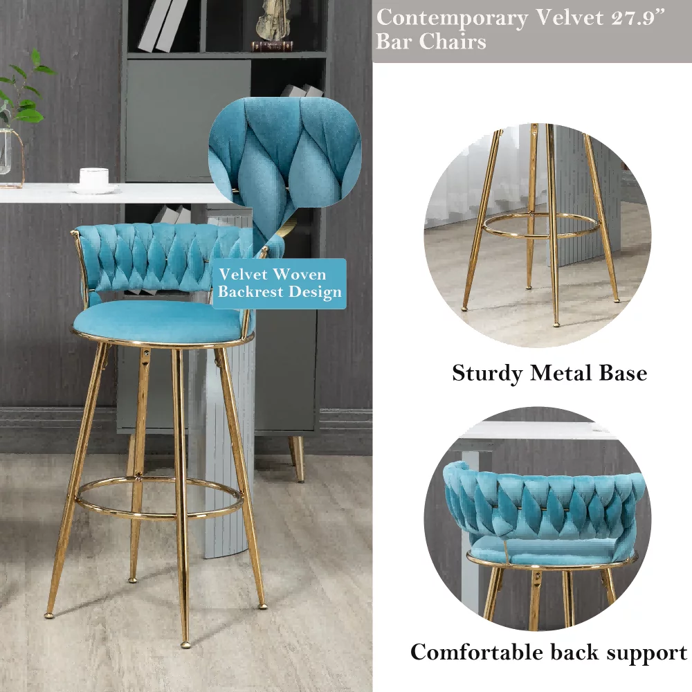 Velvet Tufted Counter Height Bar Stool Chairs with Solid Metal Legs Upholstered Bar Stools, Kitchen Island Padded Barstools with Footrest High Dining Chairs(Blue,Set of 2)