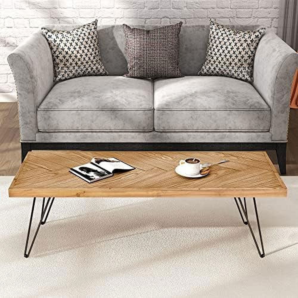 xrboomlife Modern Wood Coffee Table  Easy Assembly Center Table Nature Cocktail Table for Living Room w/Chevron Pattern & Metal Hairpin Legs  Nature Rustic Rectangular Table