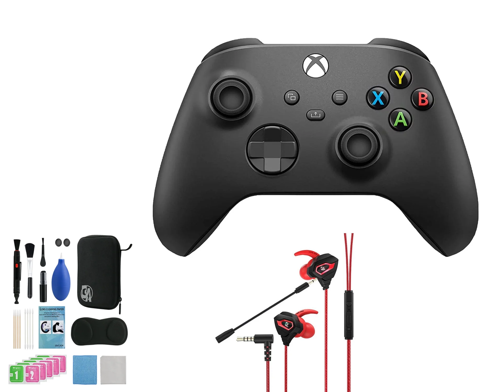 Microsoft Xbox Wireless Carbon Black Controller for Xbox Console + Wired Earbuds With Cleaning Kit BOLT AXTION Bundle Used