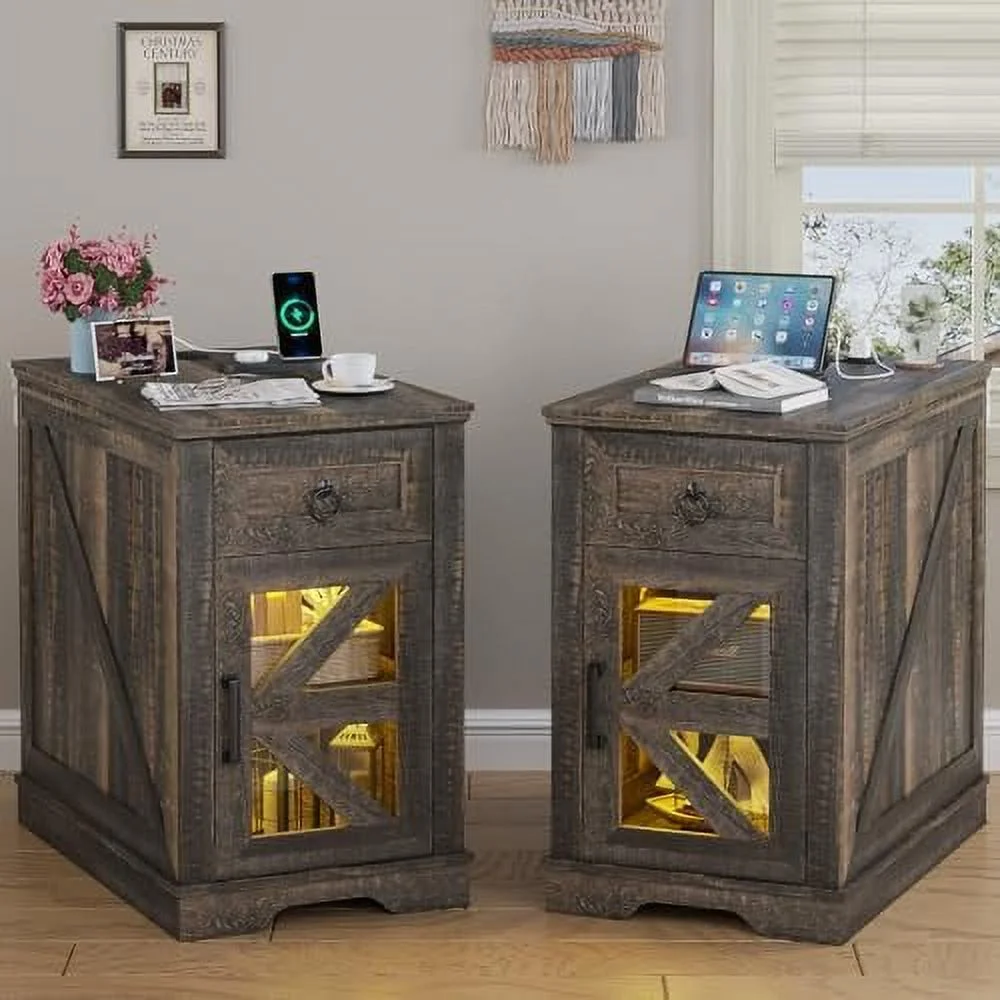 JDZHAPPYLIFE End Table  with LED Lights & Charging Station  Farmhouse Wooden Set 2  with Sliding Drawers  Narrow Nightstand with LED Lights for Bedroom  Living Room (White  2PCS)