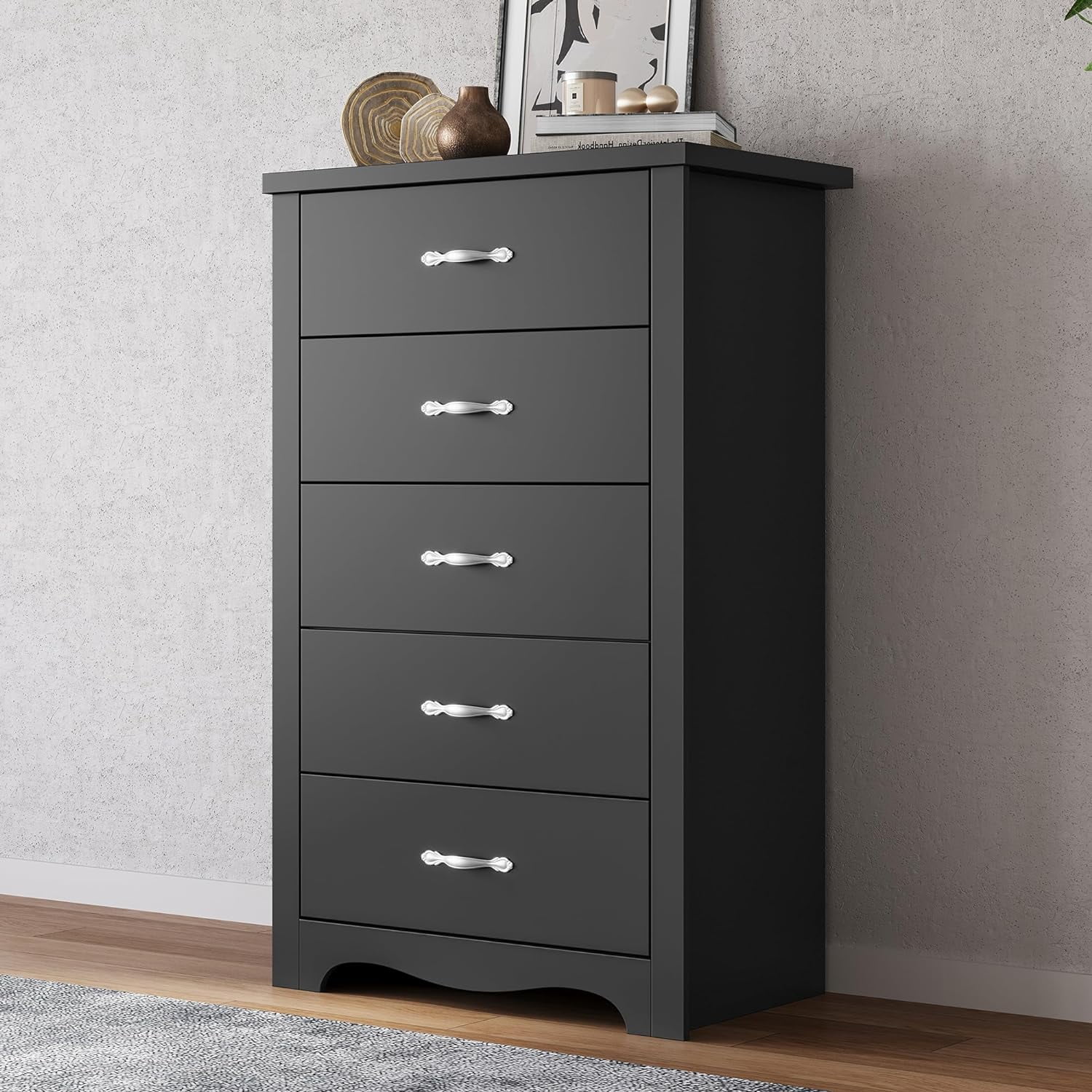 xrboomlife 5 Drawer Dresser  Black Dresser for Bedroom  Modern Dresser Chest with Wide Drawers  Wood  Chest of Drawers for Living Room