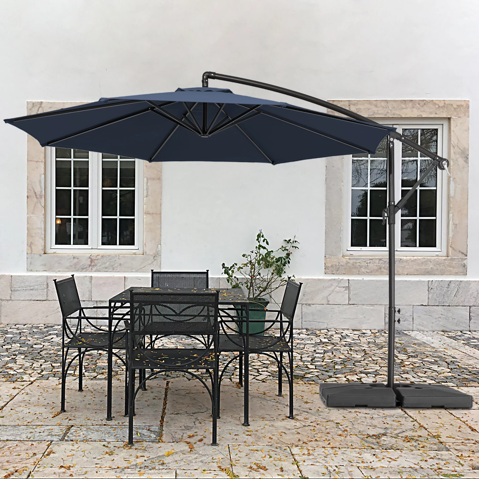 Wulful 10 ft Hanging Offset Cantilever Umbrella with Weighted Base Included, Navy Blue