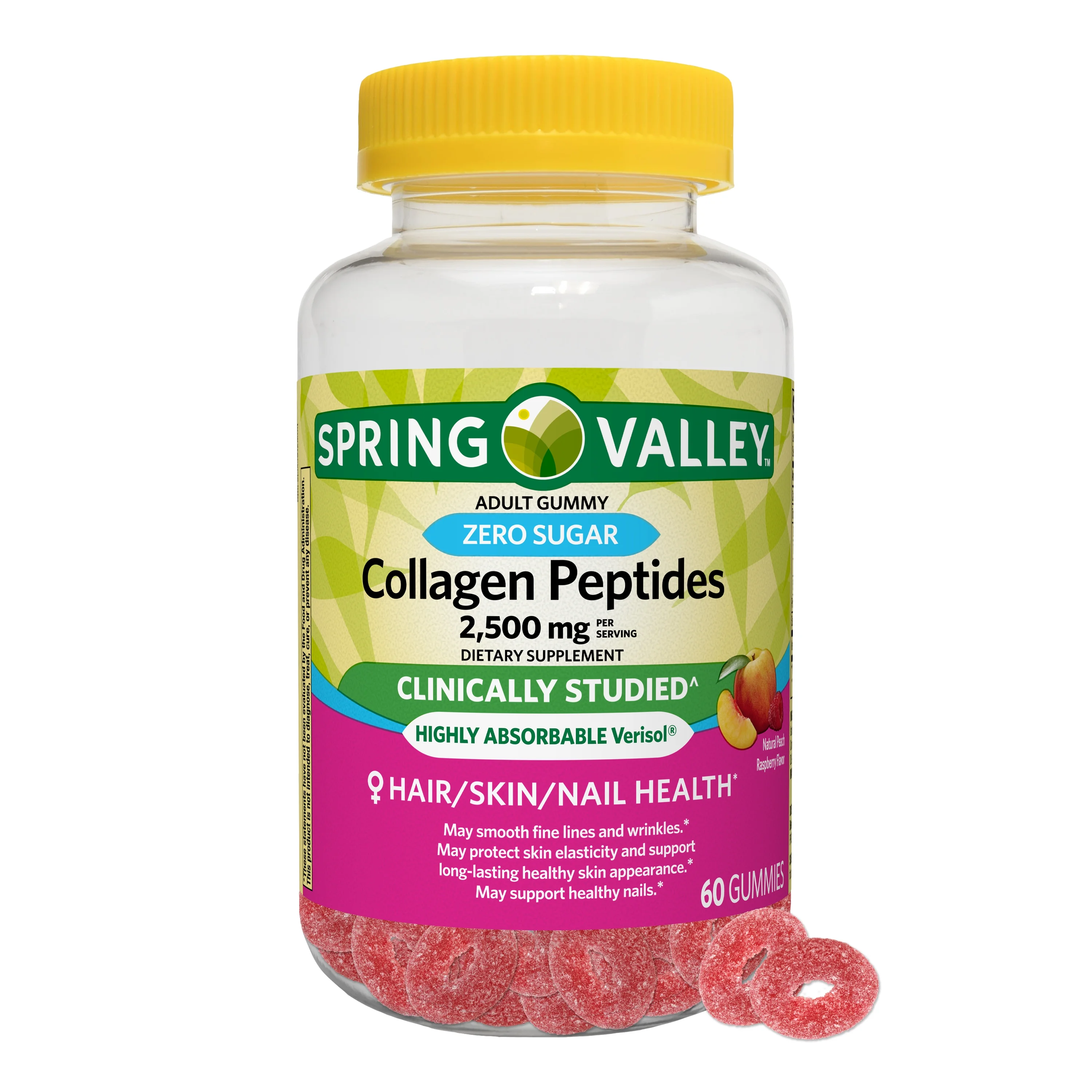 Spring Valley Zero Sugar Collagen Peptides 2500mg Gummy, 60 Count