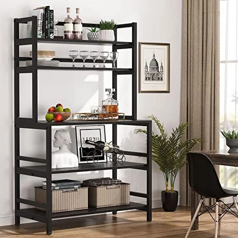 TQJKLFDY Kitchen Bakers Rack with  and Hutch  5-Tier Kitchen Microwave Cart Stand Rack  Free Standing Industrial Kitchen Utility   (Black)