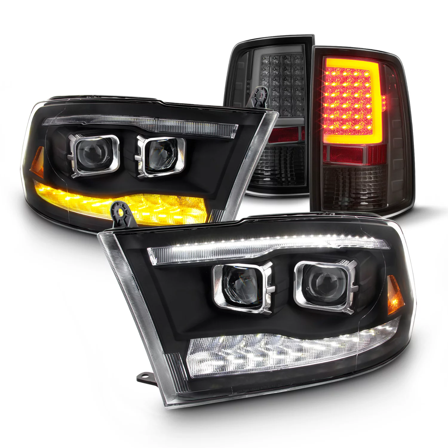 AKKON - For Dodge Ram 09-18 LED Bar DRL & High/Low Projector Housing + Light Tube Tail Smoked Lamps