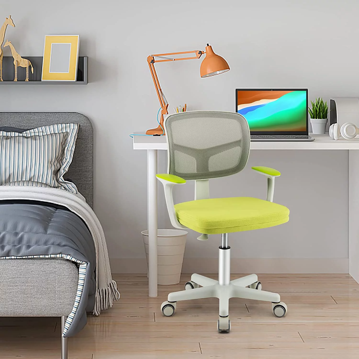 Kids Desk Chair, Children Study Computer Chair with Adjustable Height, Lumbar Support, Sit-Brake Casters, Swivel Mesh Seat, for Ages 3-10, Home, School, Office, Green