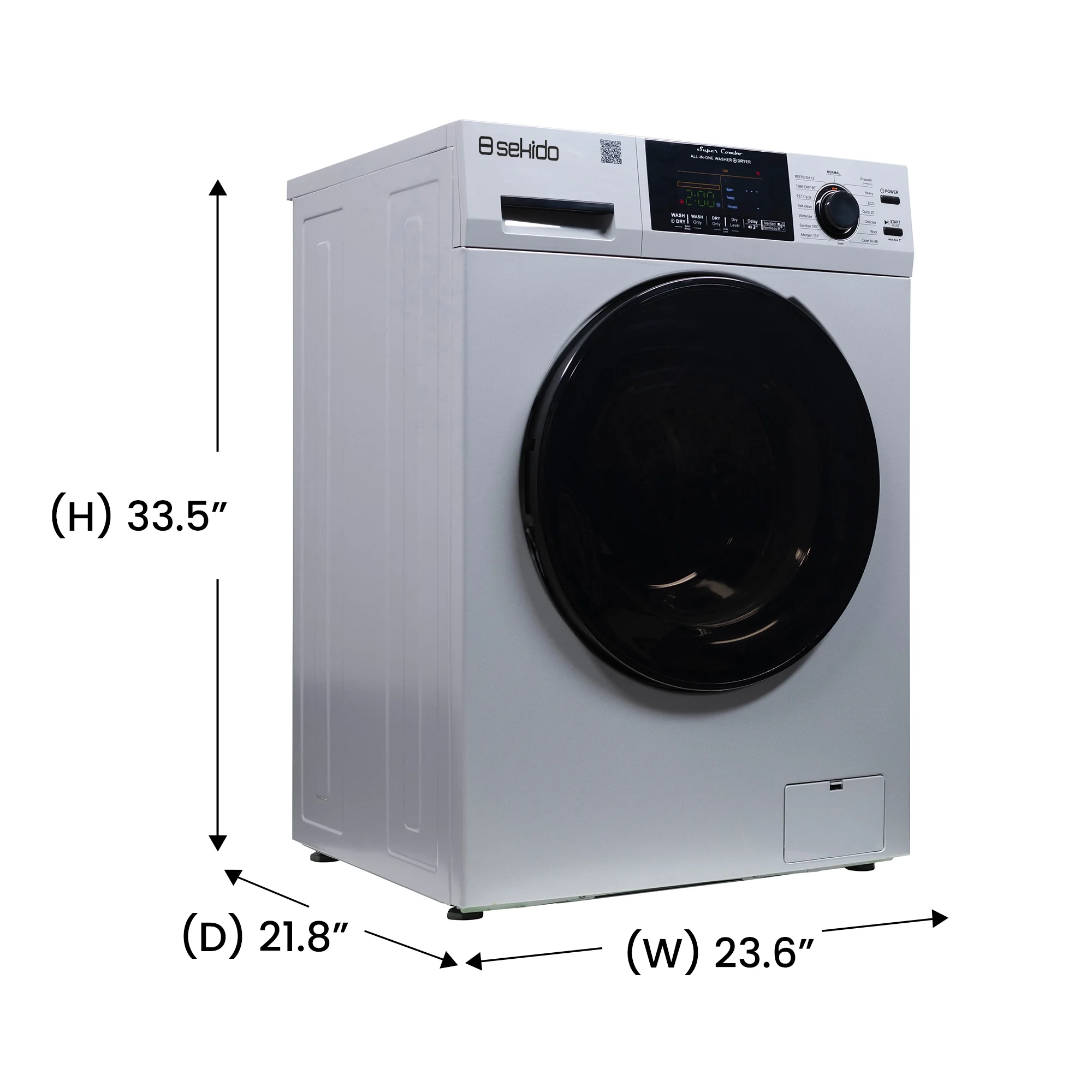 Sekido All-in-One Washer Dryer VENTLESS/VENTED 1.62cf/15lbs 110V with Pet Cycle, 15 programs and Threshold delivery in Silver