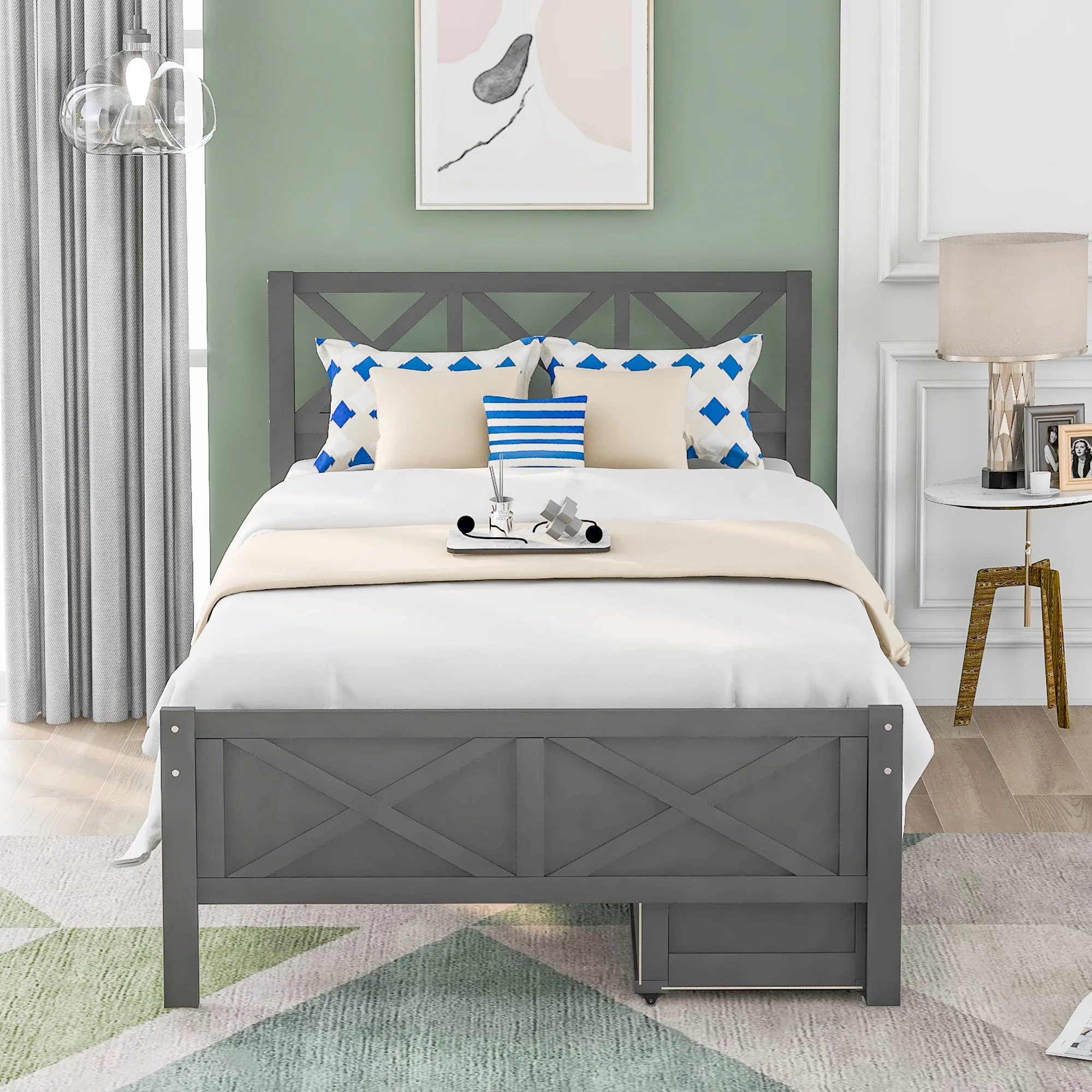 EUROCO Pine Wood Twin Size Platform Bed with Cabinet for Kids, Gray