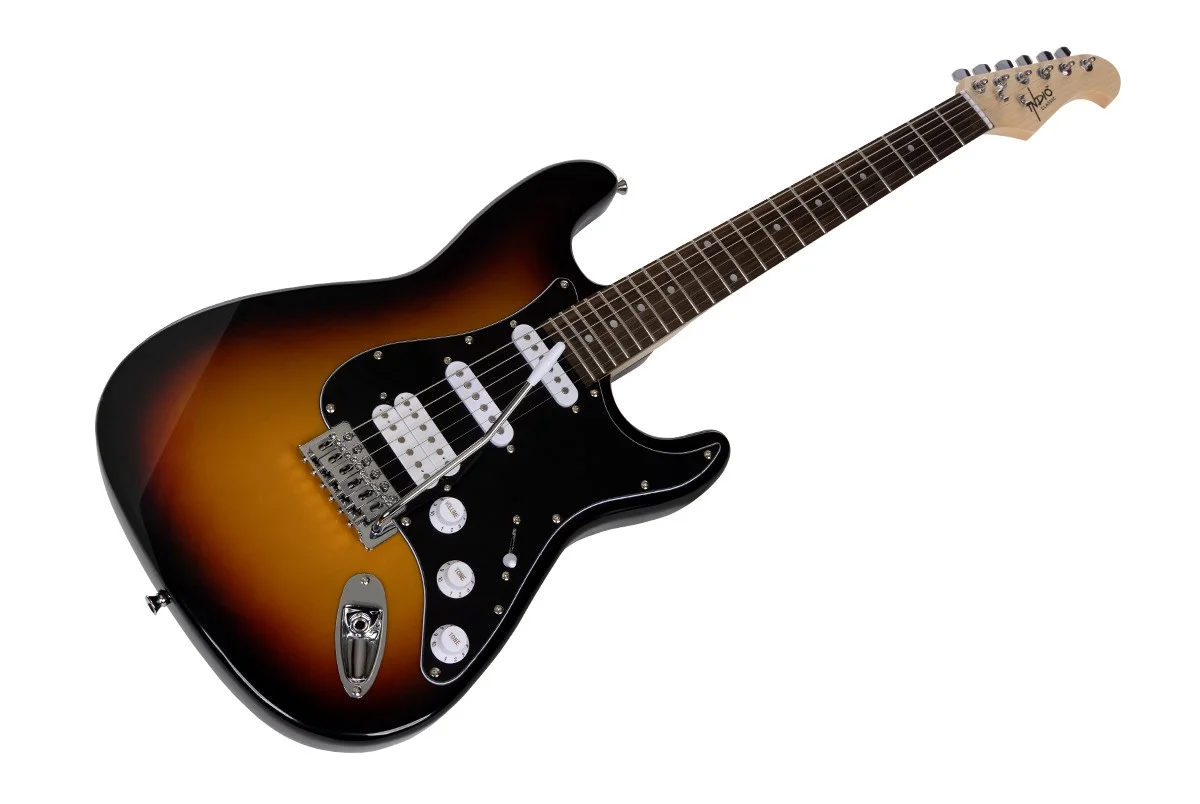 Monoprice Cali Classic HSS Electric Guitar with Gig Bag - Sunburst Body, Black Pickguard, Rosewood Fingerboard - Indio Series