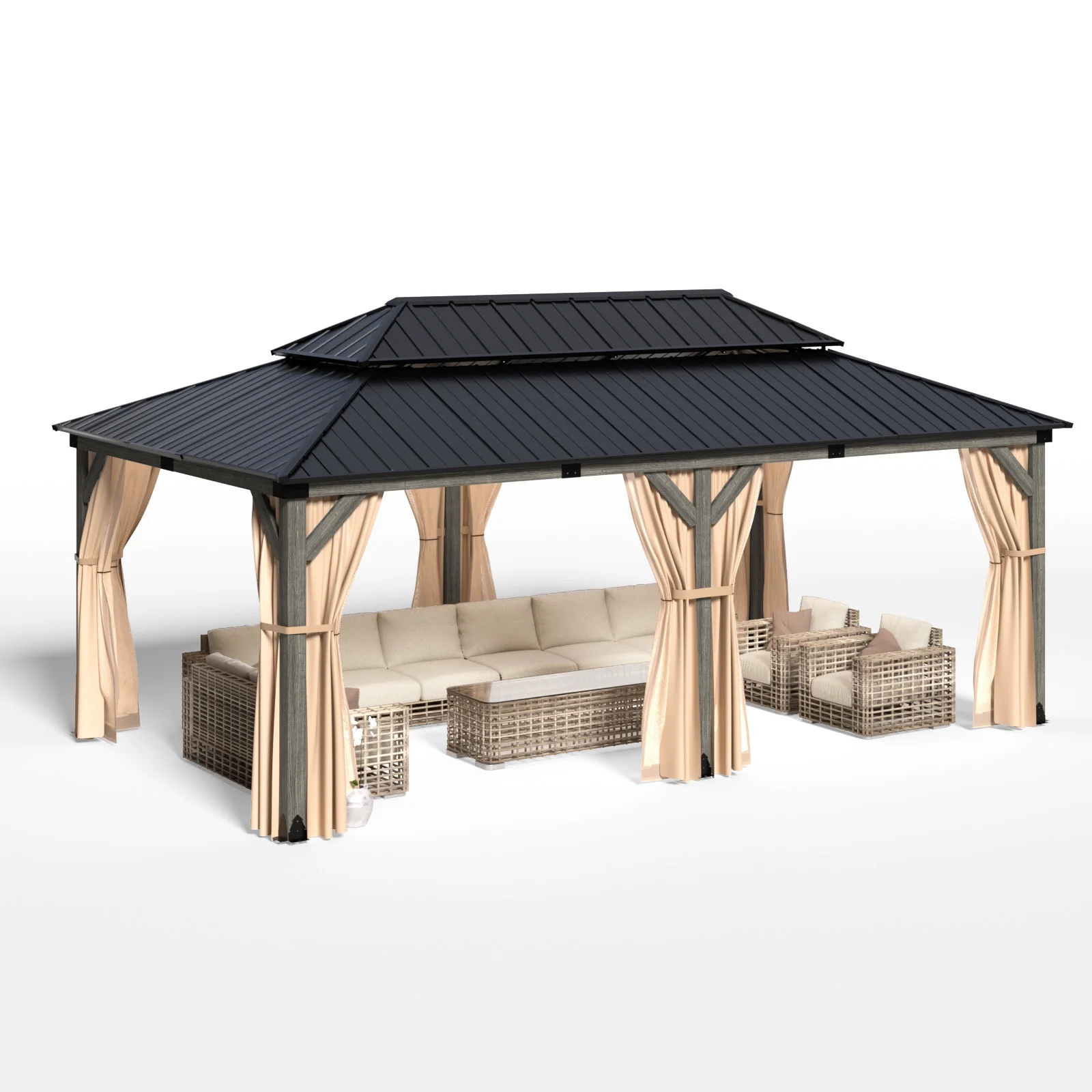 COSIEST 12x20FT Cedar Wood Gazebo, Outdoor Wooden Pergola with 2-Tier Galvanized Steel Roof, Netting & Curtains, Hardtop Gazebo for Patio Garden Backyard Pavilion