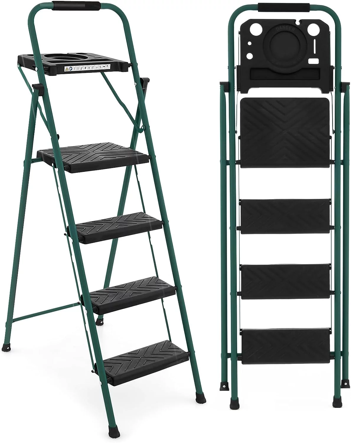 Folding Step Ladder, 4-Step Ladder w/Tool Tray, Non-Slip Footpads & Pedals, Cozy Padded Handgrip, Sturdy Metal Frame, 330 LBS Max Load, Metal Step Stool for Home Office