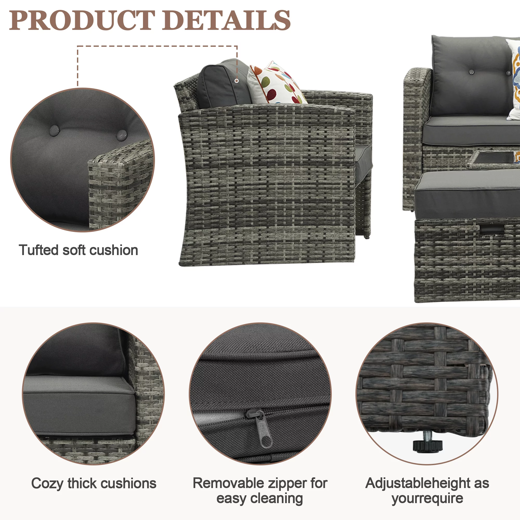 Cozyhom 8 Pieces Gray Wicker Rattan Patio Aluminum Sofa Furniture Set with Dark Gray Cushions