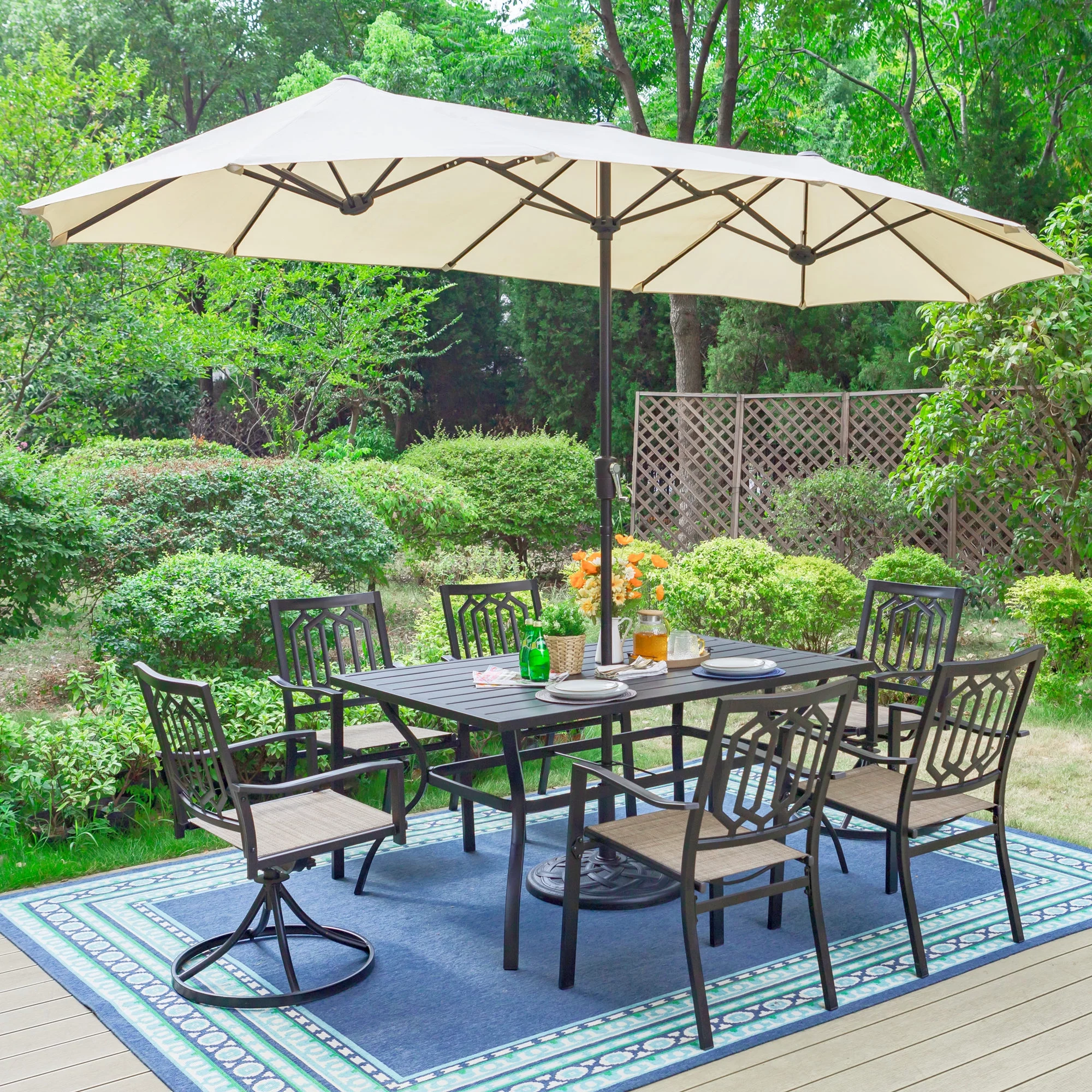 MF Studio 8-Piece Outdoor Patio Set with 13 FT Double-sided Umbrella, 2 PCS 360-degree Swivel Chairs, 4 PCS Stacking Chairs& 60 x 38