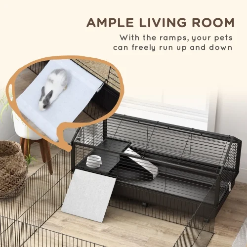 PawHut Small Animal Cage with Foldable Run Area, Rolling Bunny Cage, Guinea Pig Cage, Hedgehog Cage with Water Bottle, Water Bowl, and Ramps, 46.5