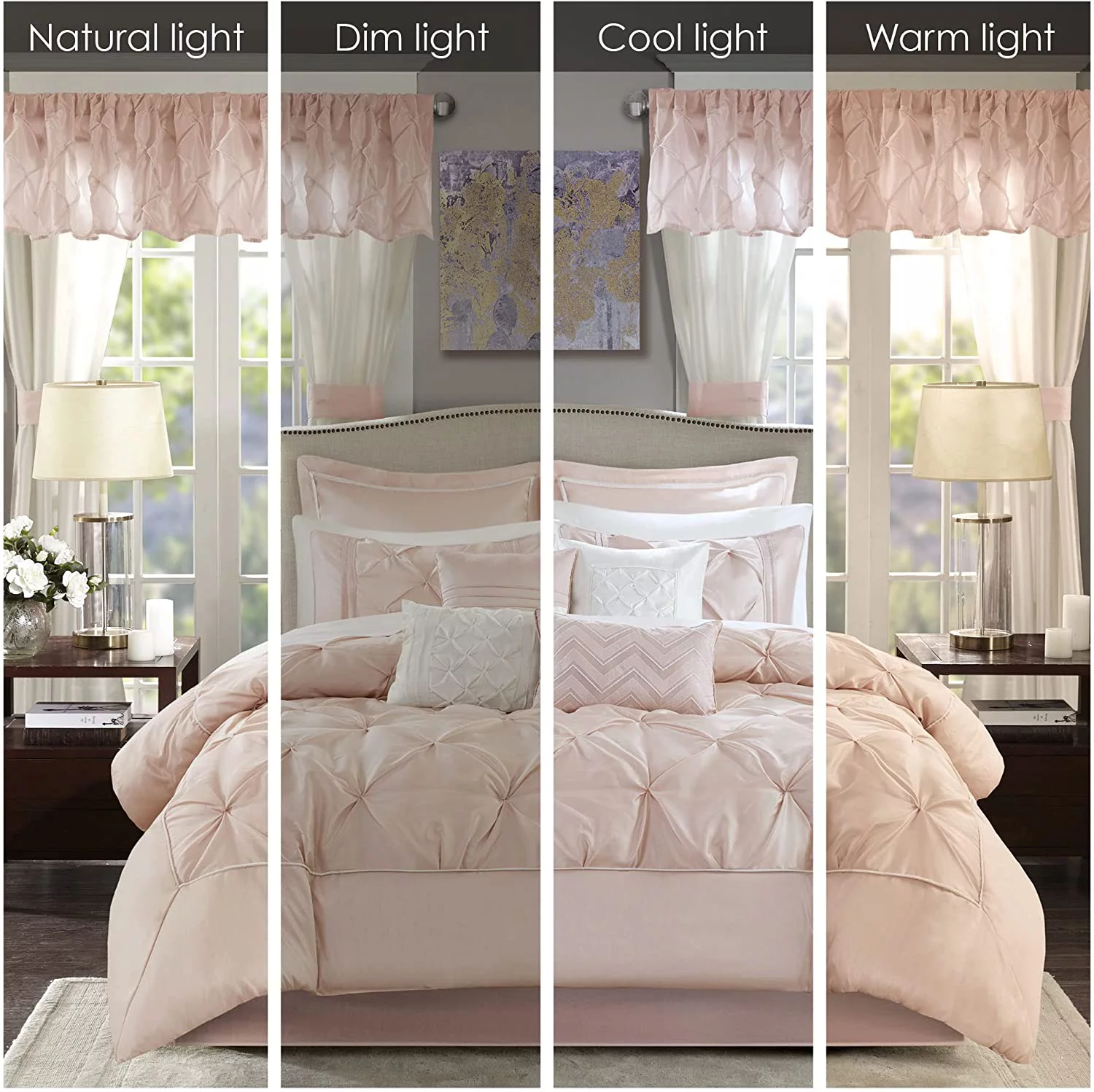 MRU Essentials Room in a Bag Faux Silk Comforter Set-Luxe Diamond Tufting All Season Bedding, Matching Curtains, Decorative Pillows, Queen(90