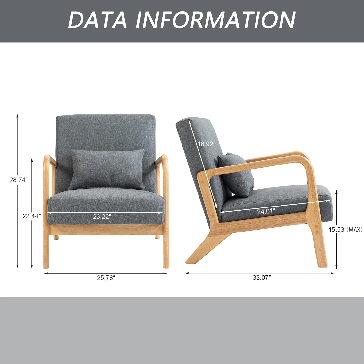 MQLIFEBOOM Modern Accent Chair Mid Century Living Room Arm Chairs  Comfy Upholstered Armchair Solid Wood Single Sofa Lounge Reading Seat Bedroom Side Seating with Lumbar Pillow  Grey