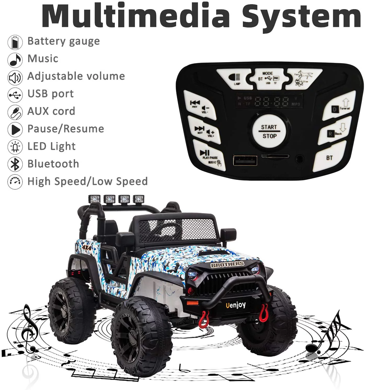 Uenjoy 12V Kids Ride on Toys Electric Battry-Powered Ride-On Truck Car RC Toy w/ Remote Control 2 Speed Camouflage Blue