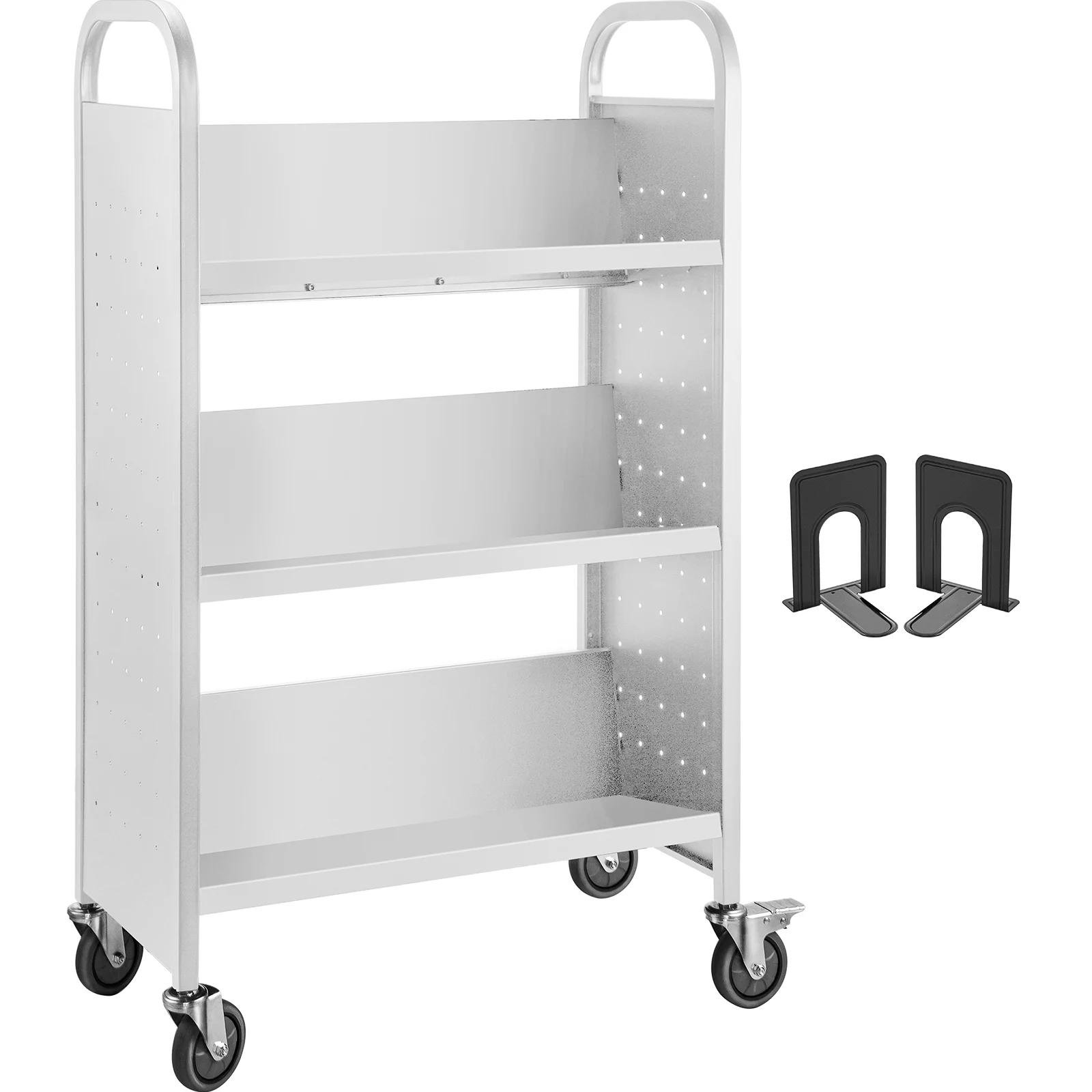 VEVOR Book Cart Single Sided V-Shaped , Rolling Book Cart with 4 inch Lockable Wheels, for Home Shelves Office and School Book Truck in White