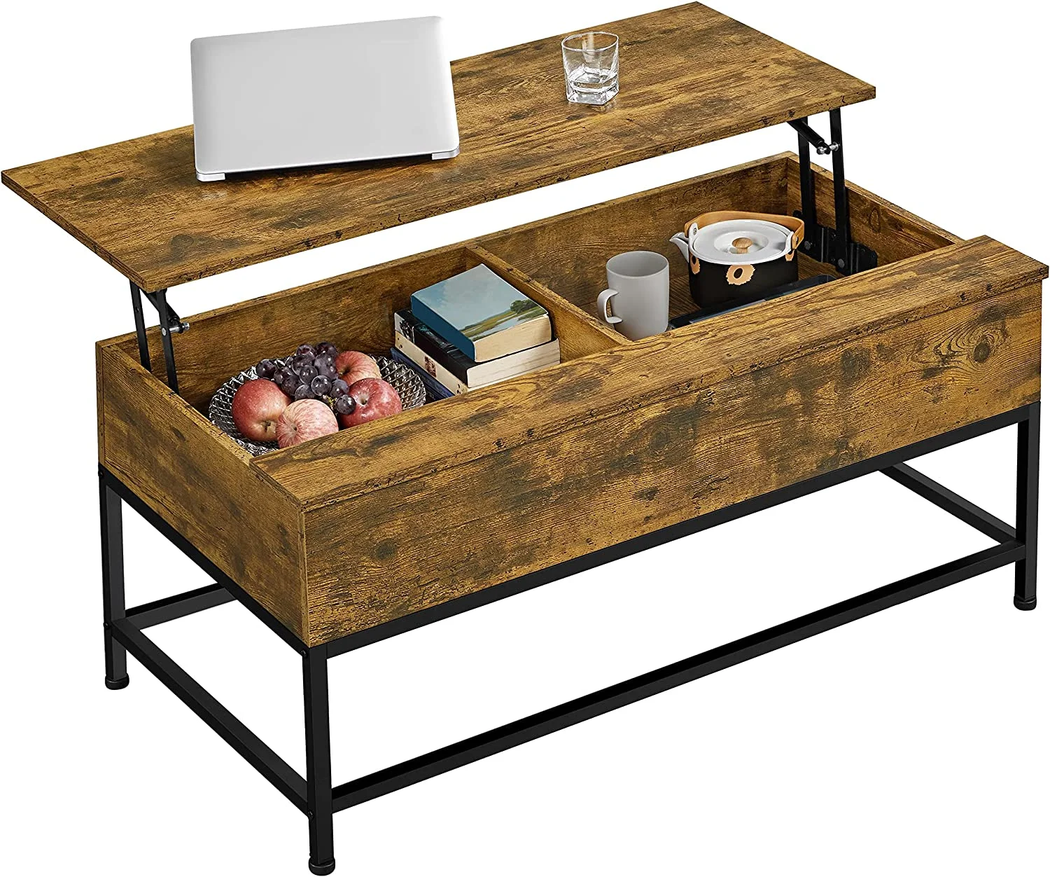 Industrial Lift Top Coffee Table with Hidden Storage Compartments Center Table for Living Room/Reception Room, 40 inch Central Table with Strong Iron Legs, Rustic Brown