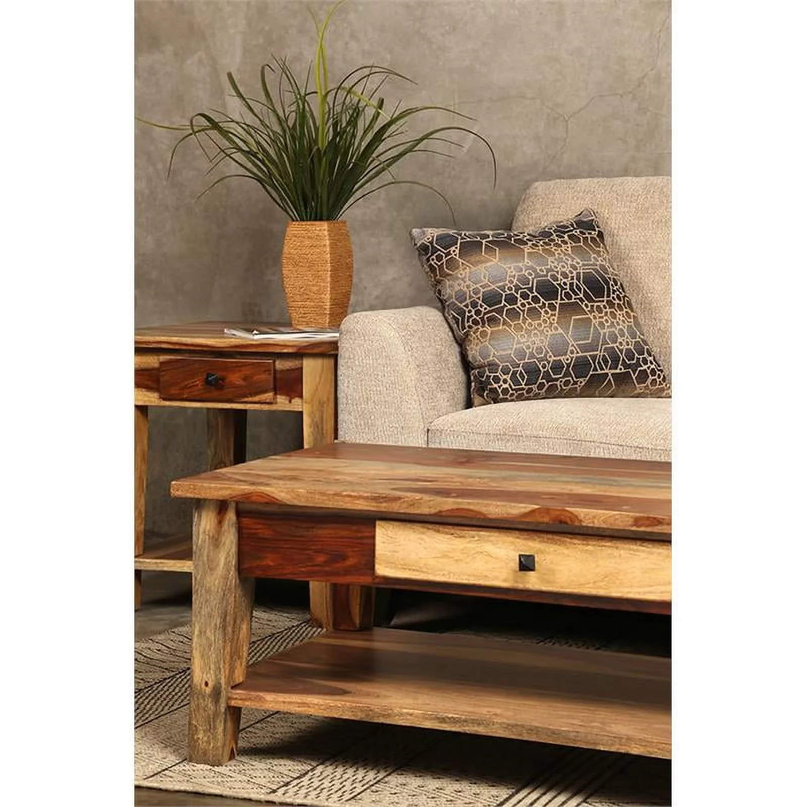 Home Square Solid Wood End Table with Drawer in Natural - Set of 2