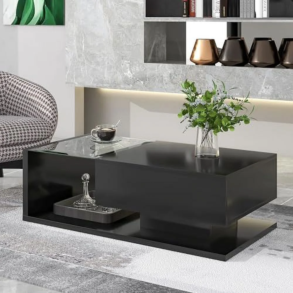 JDZHAPPYLIFE 2-Tier Rectangular Coffee Table with Tempered Glass  Modern Cocktail Table with High-Gloss UV Surface  Minimalist Design Center Table for Living Room-Black