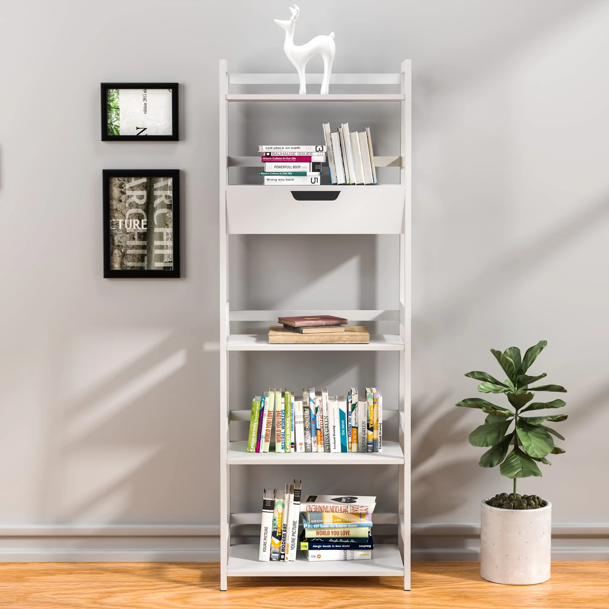 BZH 5 Tier Bamboo Tall Bookcase, Storage Book Shelves，Upgraded Bookshelf with Drawers Modern Open Ladder Shelf White