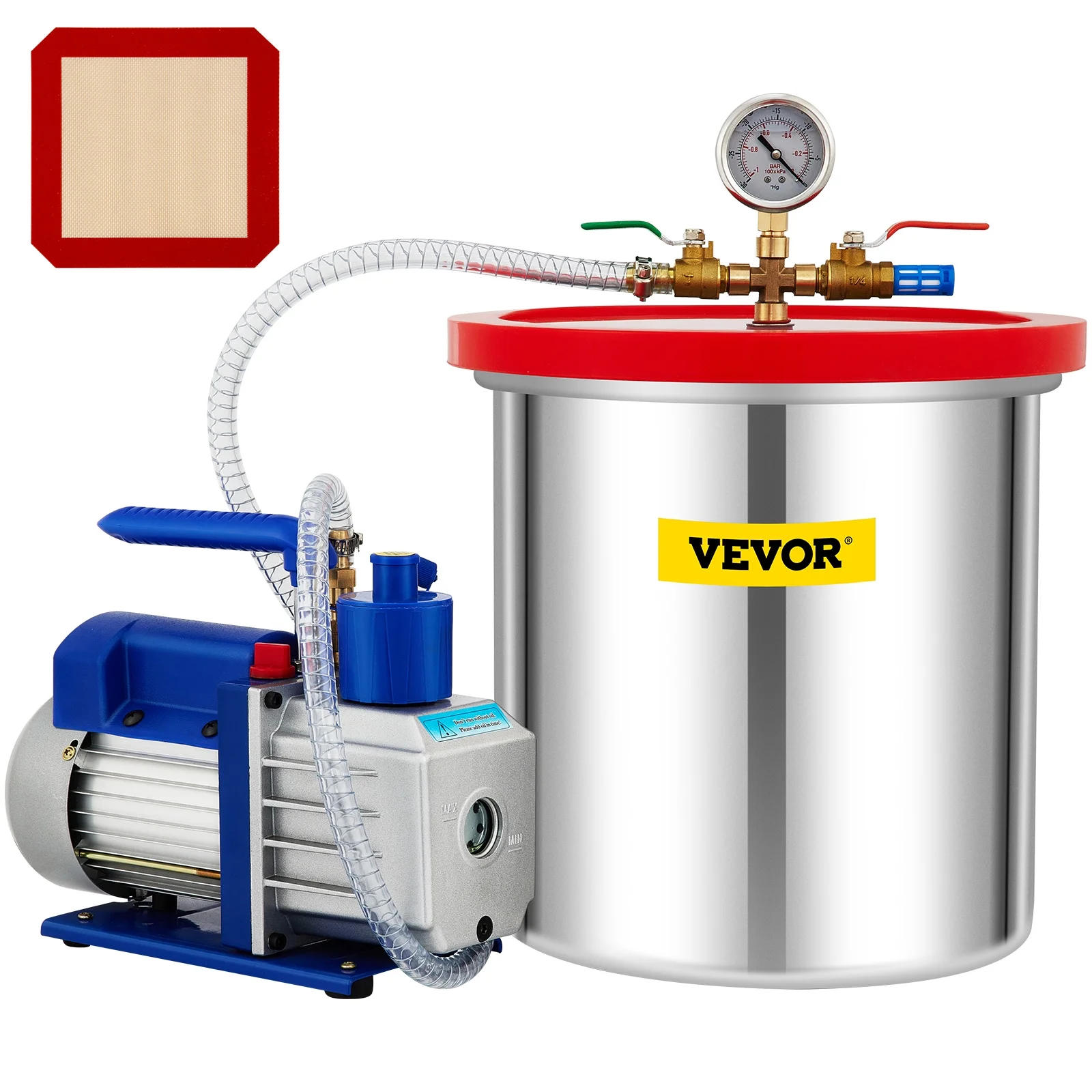 VEVOR Vacuum Chamber with Pump, 5 Gallon Chamber, 5CFM 1/2 HP Single Stage Rotary Vane Vacuum Pump, 110V HVAC Air Tool Set for Stabilizing Wood, Degassing Silicones, Epoxies and Essential Oils